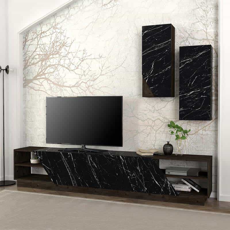 GP042-01761-0 Σύνθεση τηλεόρασης River Megapap από μελαμίνη χρώμα μαύρο rebab - μαύρο εφέ μαρμάρου 240x36,6x47εκ. - Image 1
