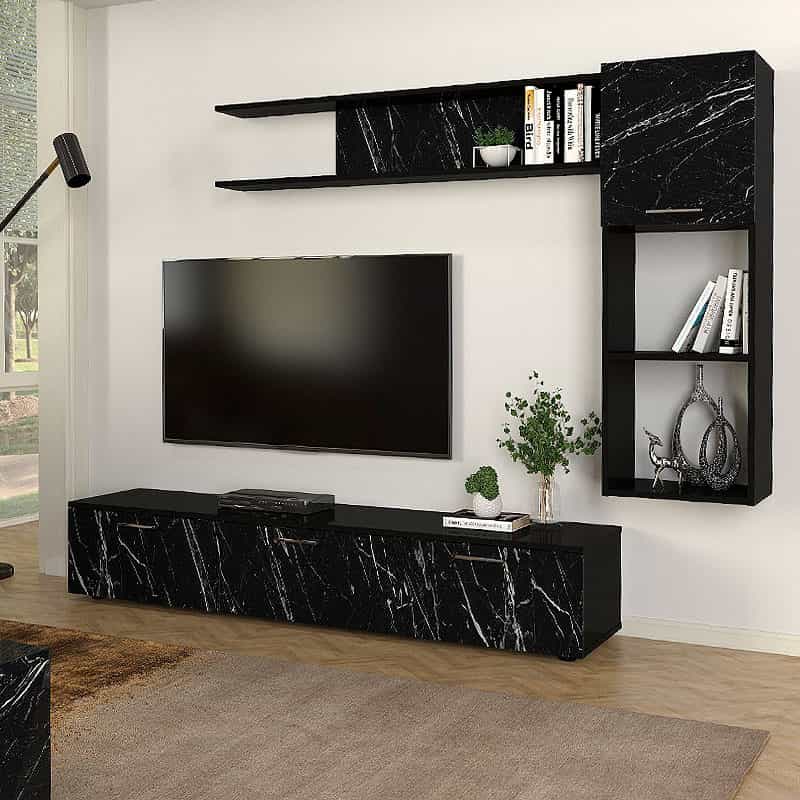 GP042-02451-0 Σύνθεση τηλεόρασης Darcy Megapap χρώμα μαύρο εφέ μαρμάρου - μαύρο 180x40x33εκ. - Image 1
