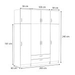 Ντουλάπα ρούχων Victoria Megapap τετράφυλλη με πατάρι και συρτάρια χρώμα καρυδί 200x60x240εκ. - Image 5