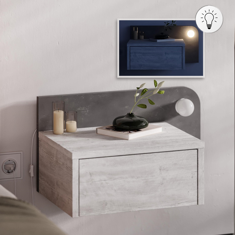 GP037-02811-0 Κομοδίνο επιτοίχιο Dotta Megapap με LED χρώμα λευκό αντικέ - γκρι ρετρό 52x33,6x28εκ. - Image 1