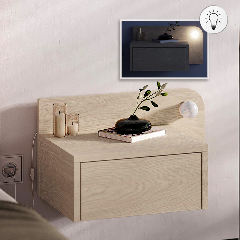 GP037-02812-0 Κομοδίνο επιτοίχιο Dotta Megapap με LED χρώμα light oak 52x33,6x28εκ. - Image 1