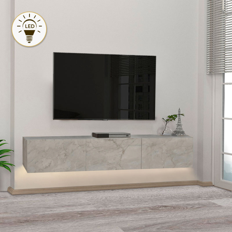 GP042-01697-0 Έπιπλο τηλεόρασης επιτοίχιο Damla Megapap με LED χρώμα λευκό εφέ μαρμάρου 180x29,5x29,5εκ. - Image 1