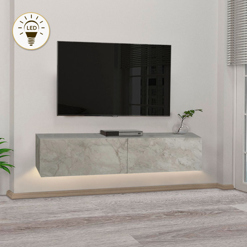 GP042-01706-0 Έπιπλο τηλεόρασης επιτοίχιο Aristo Megapap με LED χρώμα λευκό εφέ μαρμάρου 135x31,6x25εκ. - Image 1