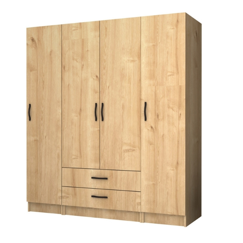 GP100-00742-0 Ντουλάπα ρούχων Ricardo Megapap τετράφυλλη με συρτάρια χρώμα φυσικό οξιάς 160x51,8x181εκ. - Image 1