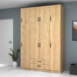 Ντουλάπα ρούχων Ricardo Megapap τετράφυλλη με πατάρι και συρτάρια χρώμα φυσικό οξιάς 160x51,8x240εκ. - Image 4