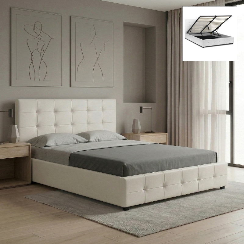 GP002-00272-0 Κρεβάτι Iro Megapap από τεχνόδερμα με αποθηκευτικό χώρο χρώμα λευκό 150x200εκ. - Image 1