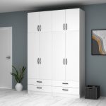 Ντουλάπα ρούχων Ricardo Megapap τετράφυλλη με πατάρι και συρτάρια χρώμα λευκό 160x51,8x240εκ. - Image 4