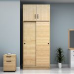 Ντουλάπα ρούχων Regio Megapap δίφυλλη συρόμενη με πατάρι χρώμα φυσικό οξιάς 100x60x240εκ. - Image 4