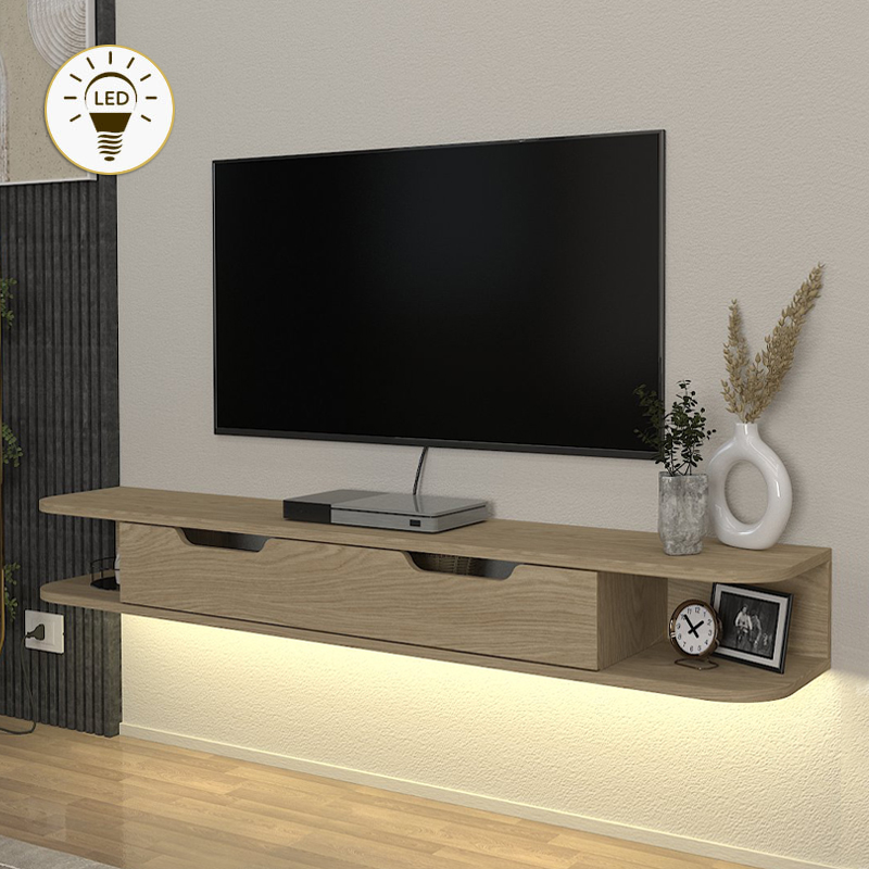 GP042-03081-0 Έπιπλο τηλεόρασης επιτοίχιο Noland Megapap με LED χρώμα rota oak 150x35x19,2εκ. - Image 1