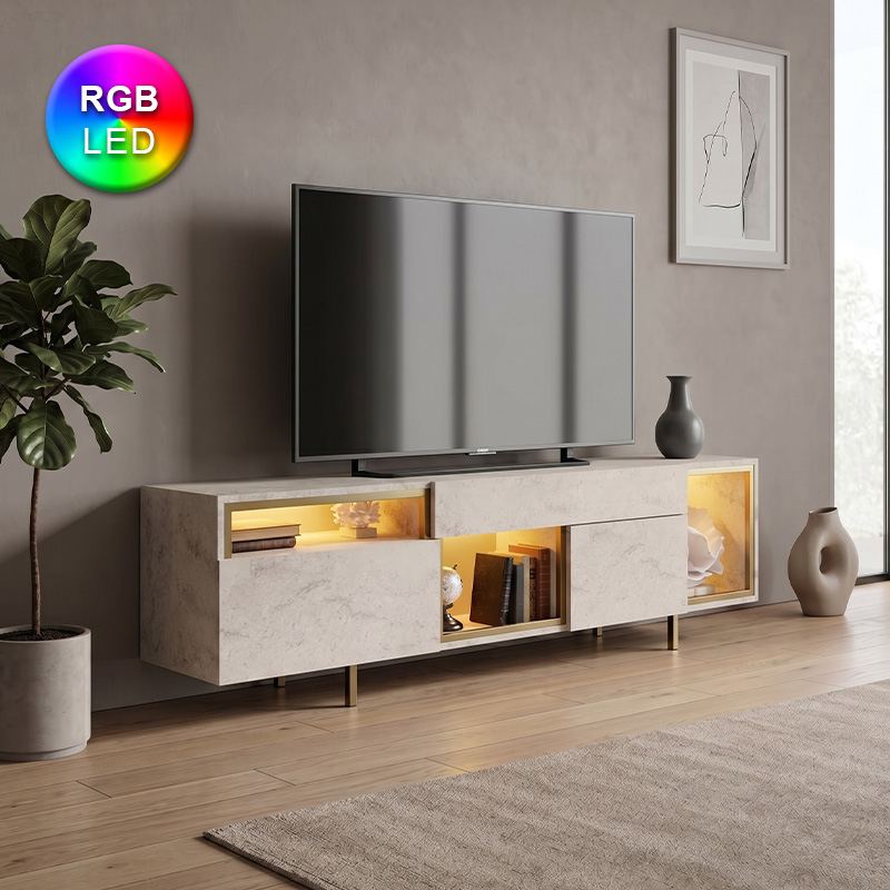 GP052-02792-0 Έπιπλο τηλεόρασης Norm Megapap με Led Rgb χρώμα travertine - χρυσό 180x32x55εκ. - Image 1