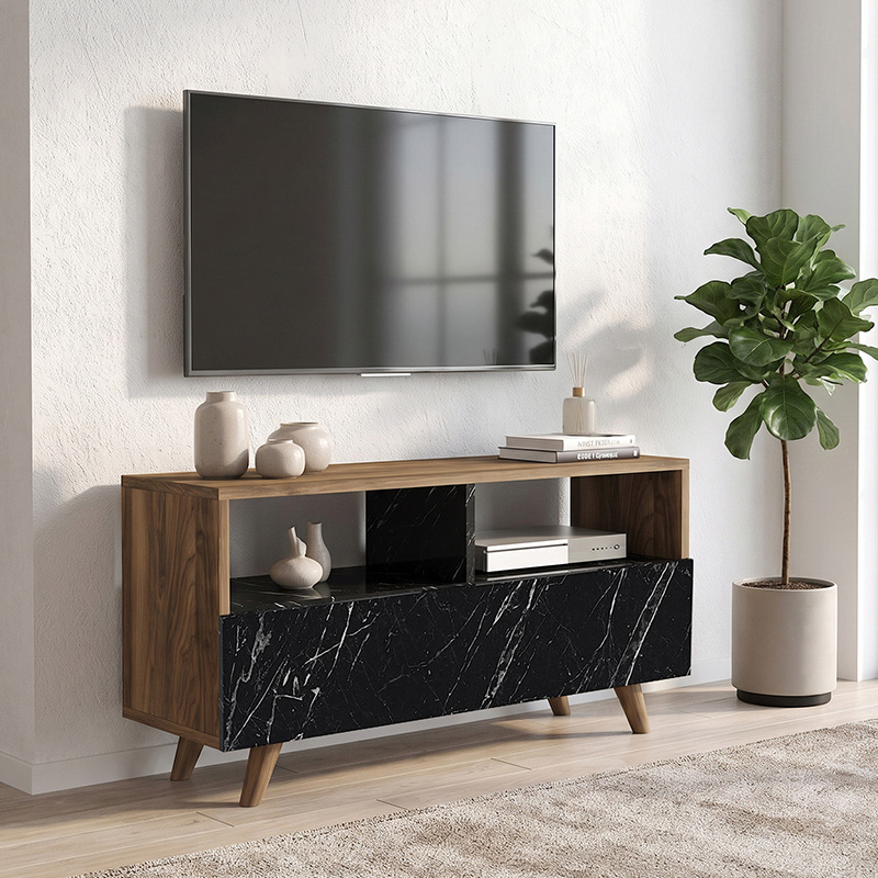 GP042-00402-0 Έπιπλο τηλεόρασης Novela Megapap χρώμα καρυδί - μαύρο εφέ μαρμάρου 90x29,5x50εκ. - Image 1