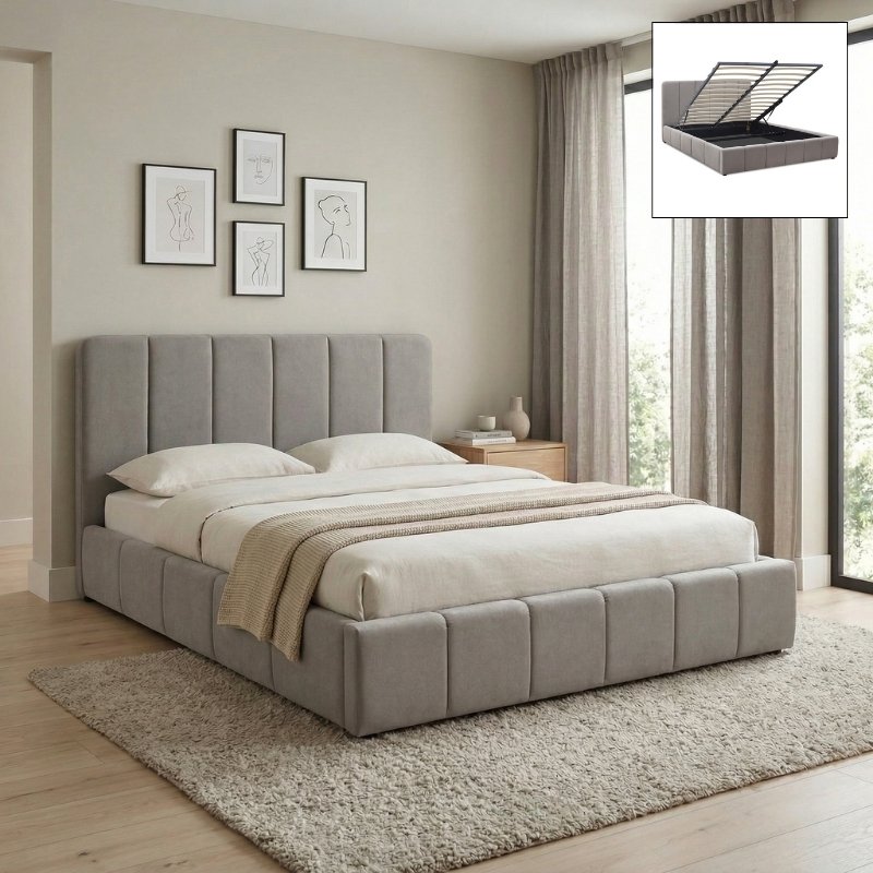 GP002-00242-0 Κρεβάτι Nival Megapap υφασμάτινο με αποθηκευτικό χώρο χρώμα μπεζ 160x200εκ. - Image 1