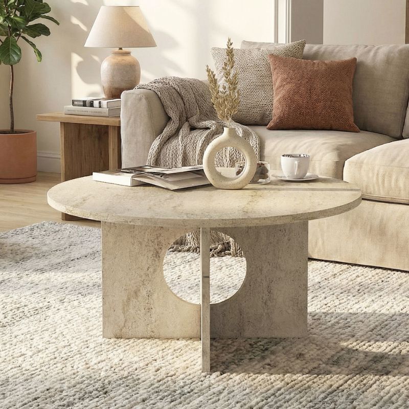 GP042-03741-0 Τραπεζάκι σαλονιού Mara Megapap χρώμα travertine Ø75x36,8εκ. - Image 1