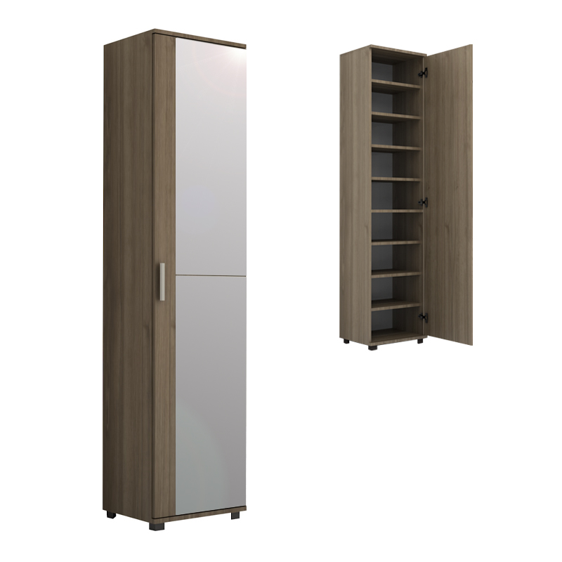 GP028-00974-0 Ντουλάπα ρούχων - παπουτσοθήκη Visla Megapap μονόφυλλη με καθρέπτη χρώμα καρυδί 45x36x187εκ. - Image 1