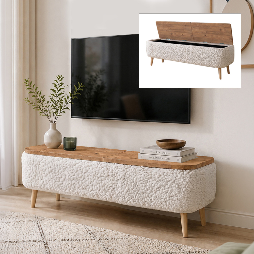 GP041-01481-0 Έπιπλο τηλεόρασης Luno Megapap ύφασμα teddy χρώμα λευκό - pine oak 120x30x45εκ. - Image 1