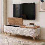 Έπιπλο τηλεόρασης Luno Megapap ύφασμα teddy χρώμα λευκό - pine oak 120x30x45εκ. - Image 3