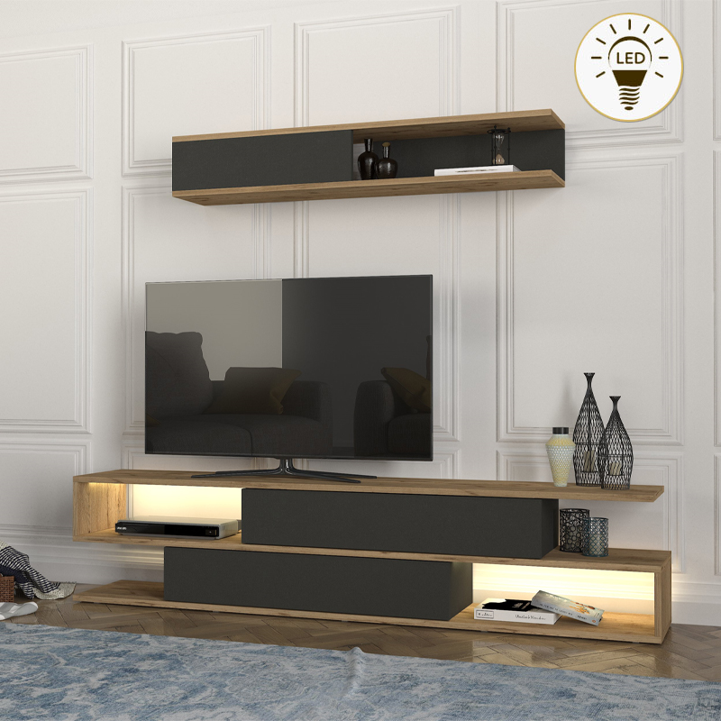 GP042-02182-0 Σύνθεση τηλεόρασης Manet Megapap με LED χρώμα sepet oak - ανθρακί 180x29,5x39εκ. - Image 1